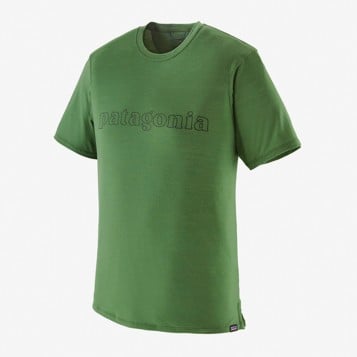 Patagonia Cap Cool Merino Blend Graphic Shirt - Outline Text Logo: Terrain Green